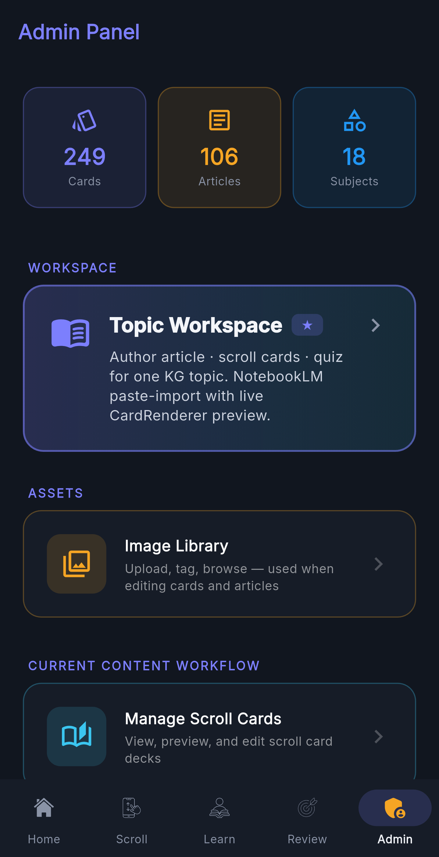 GyanGram admin panel — content management system for solo operation
